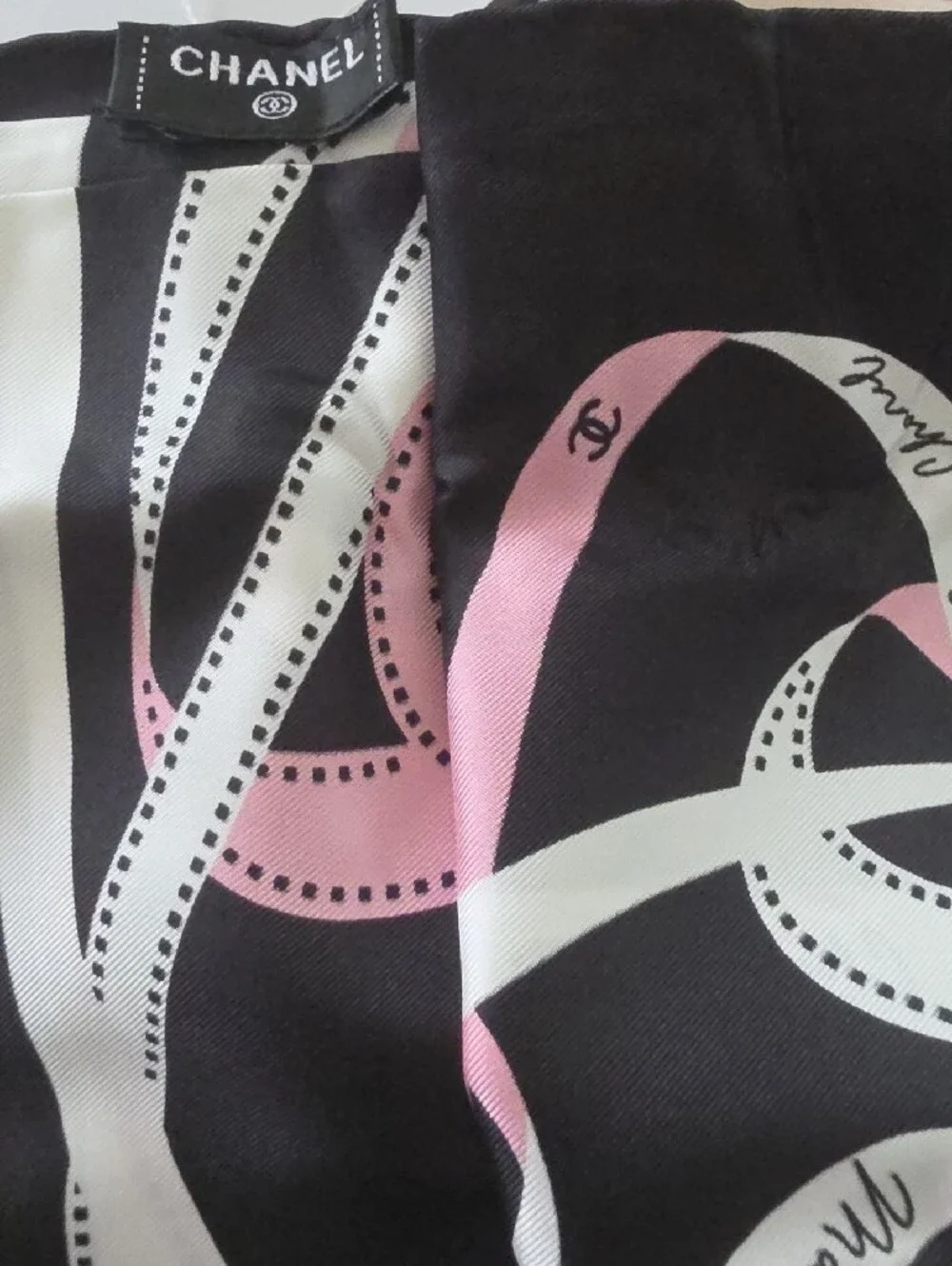 CHANEL Pink and Black Ribbon Scarf